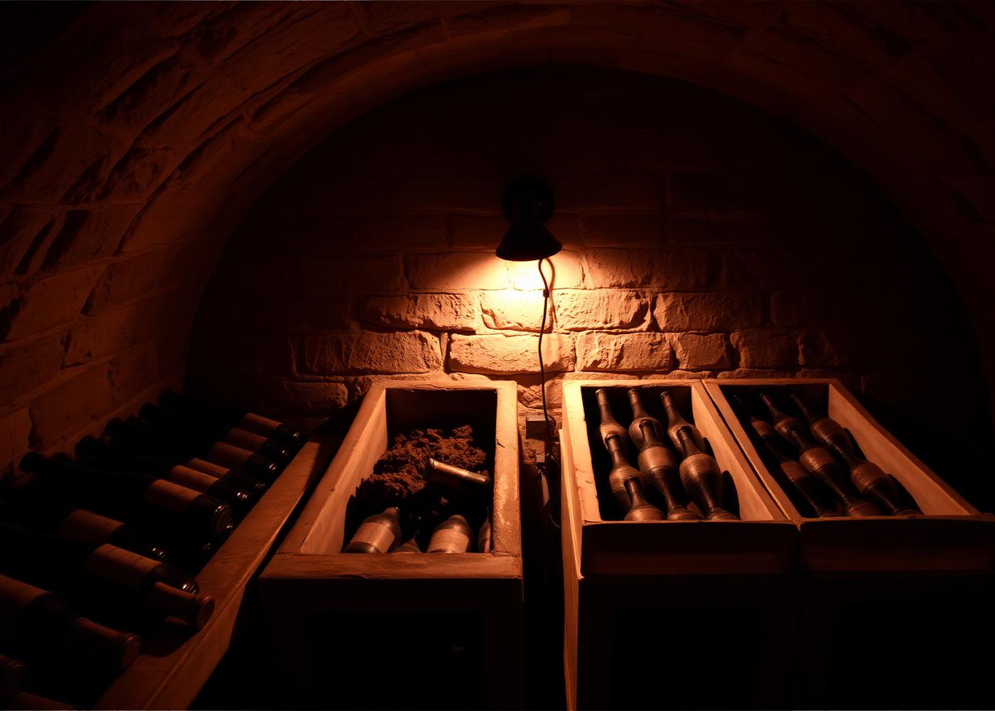 Barrels resting in a cold stone cellar